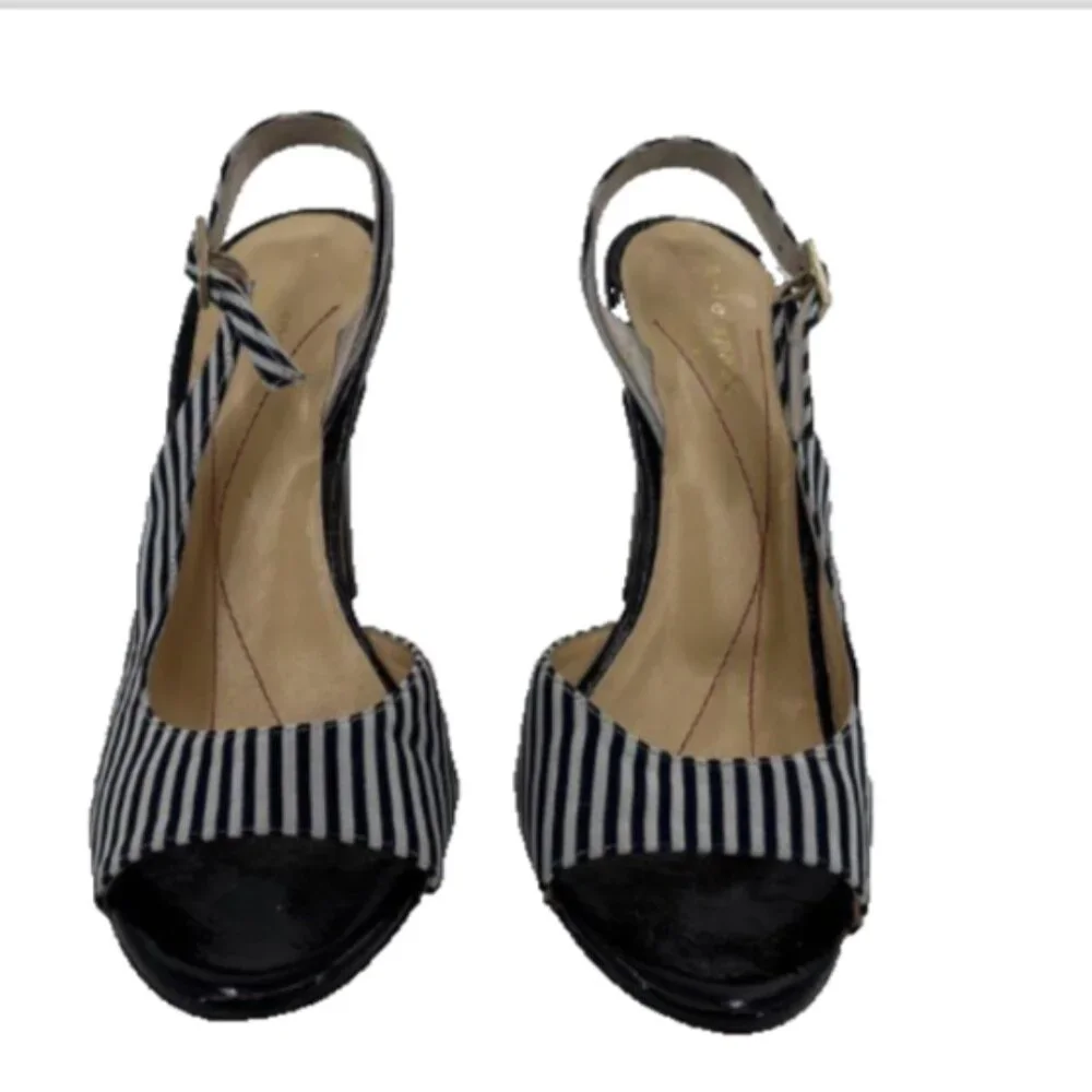 Kate Spade Designer Slingback Heels 6.5B Black White Pinstripe Classic Chic EUC